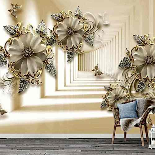 3D Çiçek ve Altın Tasarımlı Duvar Kağıdı
