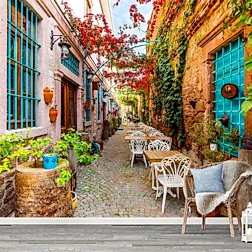 Taş Sokaklı Ege Kafesi Manzaralı Duvar Kağıdı – Tarihi ve Romantik Atmosfer Poster