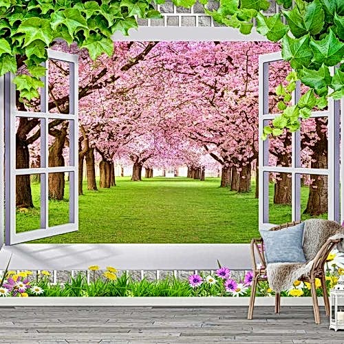 3D Pencere Açılımlı Kiraz Çiçekleri Manzaralı Duvar Kağıdı – Bahar ve Doğal Güzellik Temalı Poster