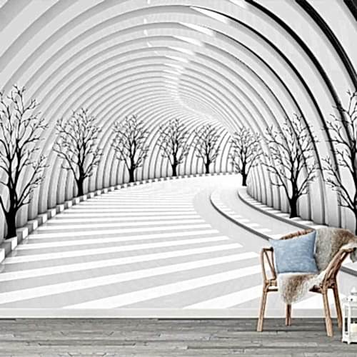 3D Siyah Beyaz Modern Tünel ve Ağaçlar Duvar Kağıdı Minimalist Poster Tasarımları