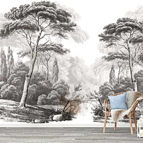 Klasik Siyah Beyaz Manzara Desenli Duvar Kağıdı