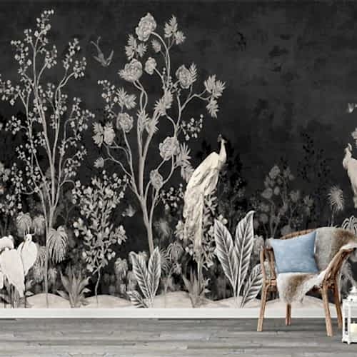 Siyah Arka Planlı Zarif Kuş ve Doğa Temalı Duvar Kağıdı