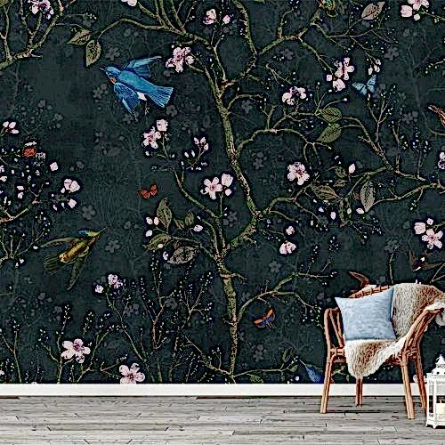 Koyu Arka Planlı Çiçek ve Kuş Desenli Poster Duvar Kağıdı